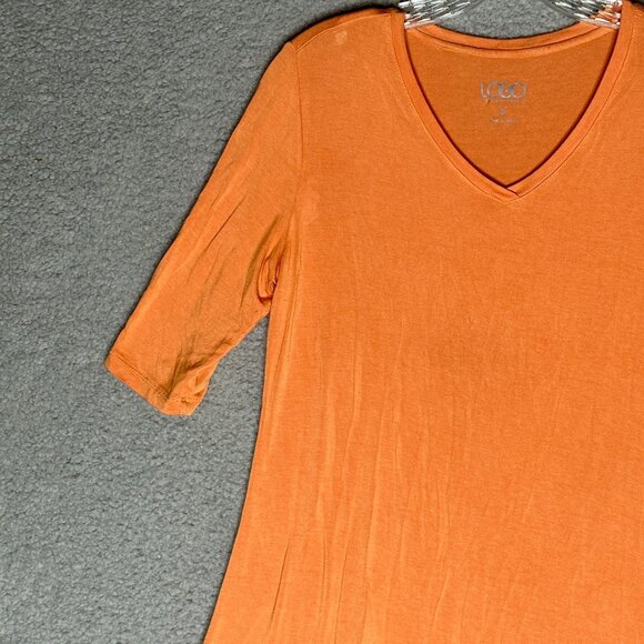 LOGO Lori Goldstein Orange Tunic Top Small Layered Hem Rayon Spandex Blouse Boho - Picture 5 of 10